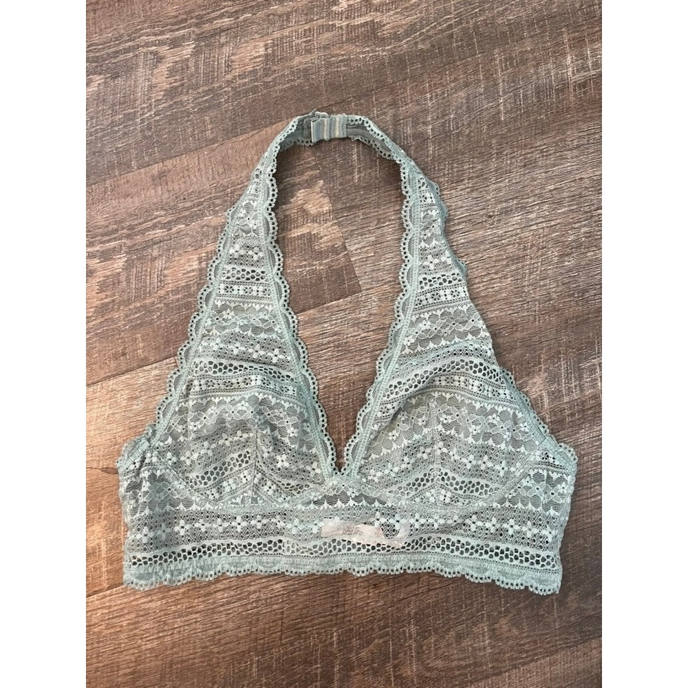 Victoria's Secret Sage Mint Green Floral Lace Halter Bralette Plunge Size Medium